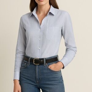 Veronica beard blue and white striped collared button down bodysuit